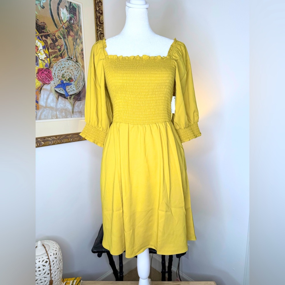 Goodthreads Yellow Smocked Dress 3/4 Sleeve Square Neck Size Small NWT